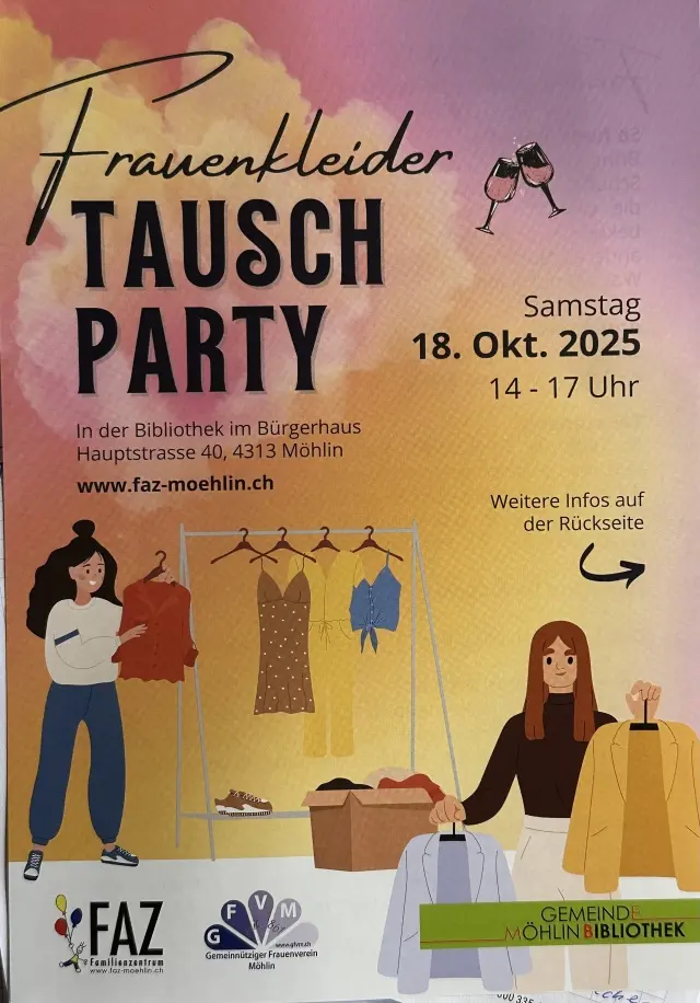 Frauenkleider Tauschparty - Am Samstag 18.10. findet in der Bibliothek Möhlin eine Frauenkleider Tauschparty statt. Gemeinsam mit dem Bibliotheksteam und dem FAZ. Kommen sie vorbei.
